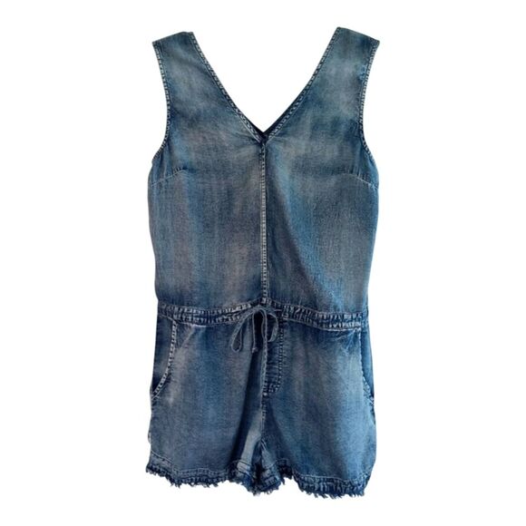 Mustard Seed Denim Tank Romper with Frayed Distressed Trim Soft Lyocell S NWOT - Picture 1 of 13